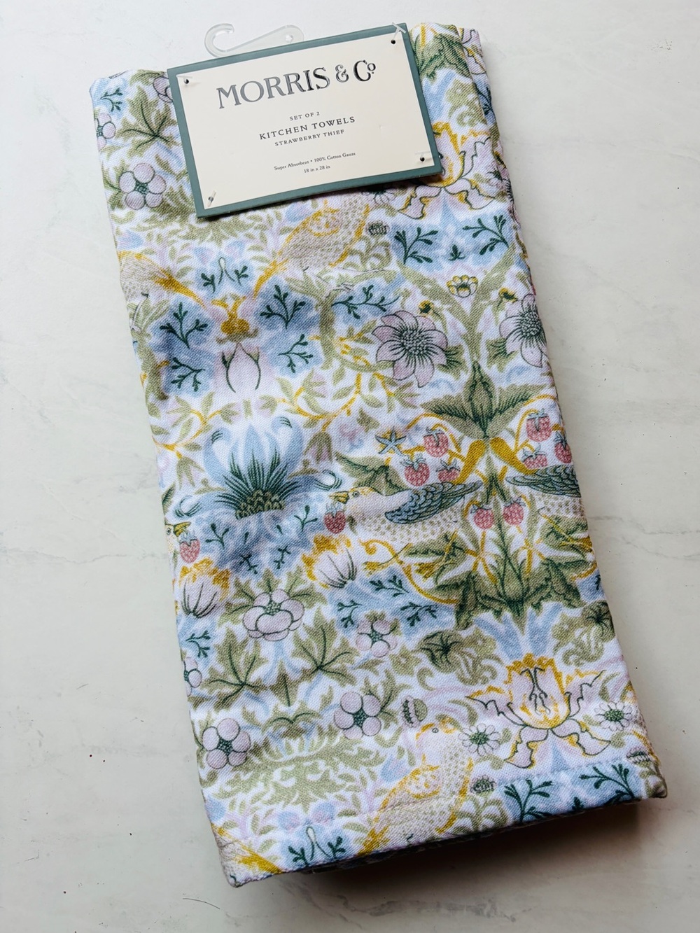 NWT Morris & Co. Strawberry Thief Kitchen Towels Blue & Green Set of 2